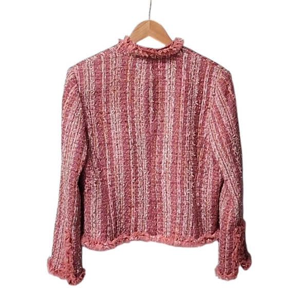 CHADWICKS VINTAGE Pink Boucle Tweed Crop Jacket 10 M Blazer Ribbon Fringe Shaggy - Picture 5 of 14